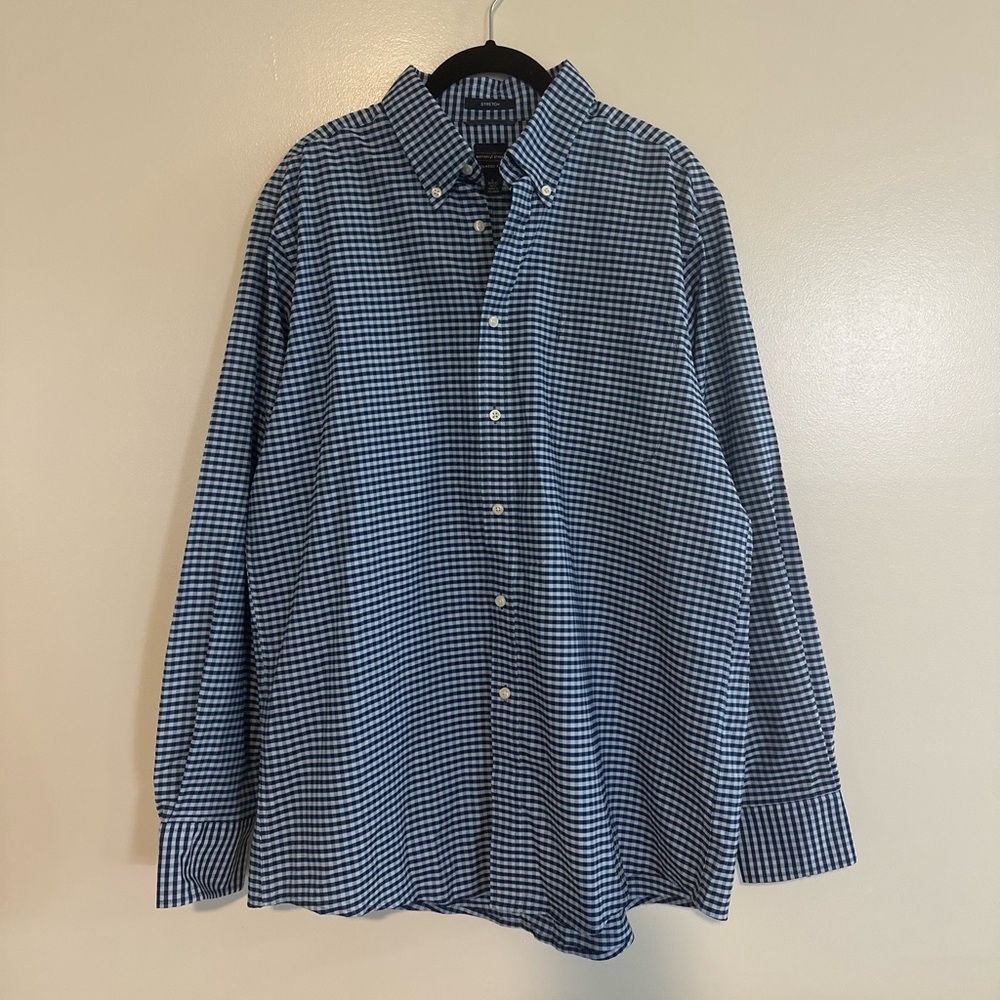 Dockers Battery Street Button Blue Plaid Button Down Shirt Size Large Stretch